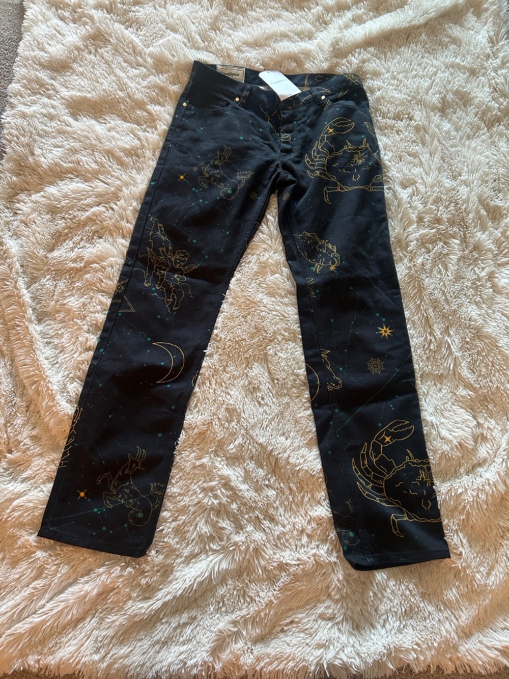 Women’s Black Straight-Leg Jeans with Gold Zodiac Motif